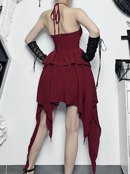 Halter Sleeveless Sexy Neck Asymmetrical A-Line Hem Cocktail Bodycon Ruched Mini Party Frock