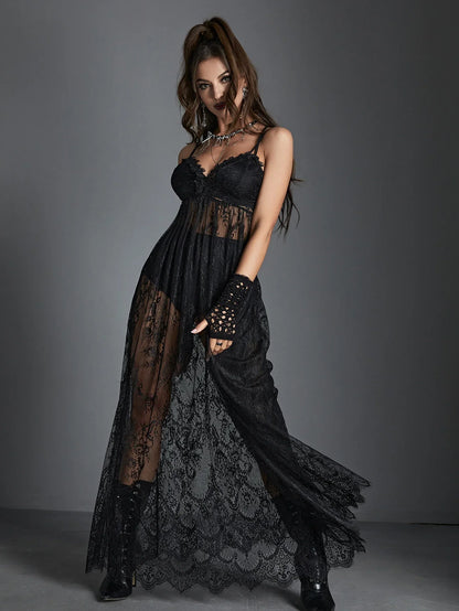 Harajuku See Black Lace Mesh Transparent Strap Through Sexy Vintage Spaghetti Outfit