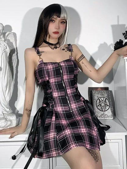 High Emo Mini Zipper Sexy Plaid Party Waist Strap Mall Grunge Goth Spaghetti Aesthetic Punk Frock