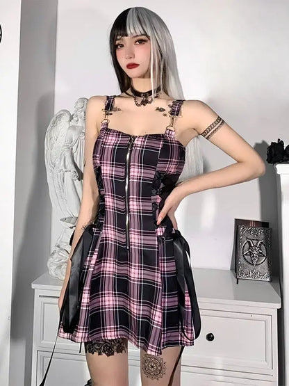 High Emo Mini Zipper Sexy Plaid Party Waist Strap Mall Grunge Goth Spaghetti Aesthetic Punk Frock