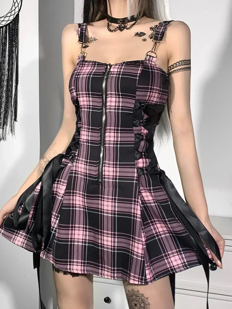 High Emo Mini Zipper Sexy Plaid Party Waist Strap Mall Grunge Goth Spaghetti Aesthetic Punk Frock