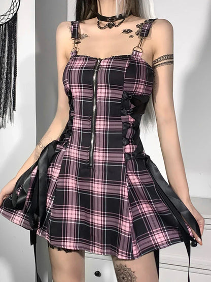 High Emo Mini Zipper Sexy Plaid Party Waist Strap Mall Grunge Goth Spaghetti Aesthetic Punk Frock