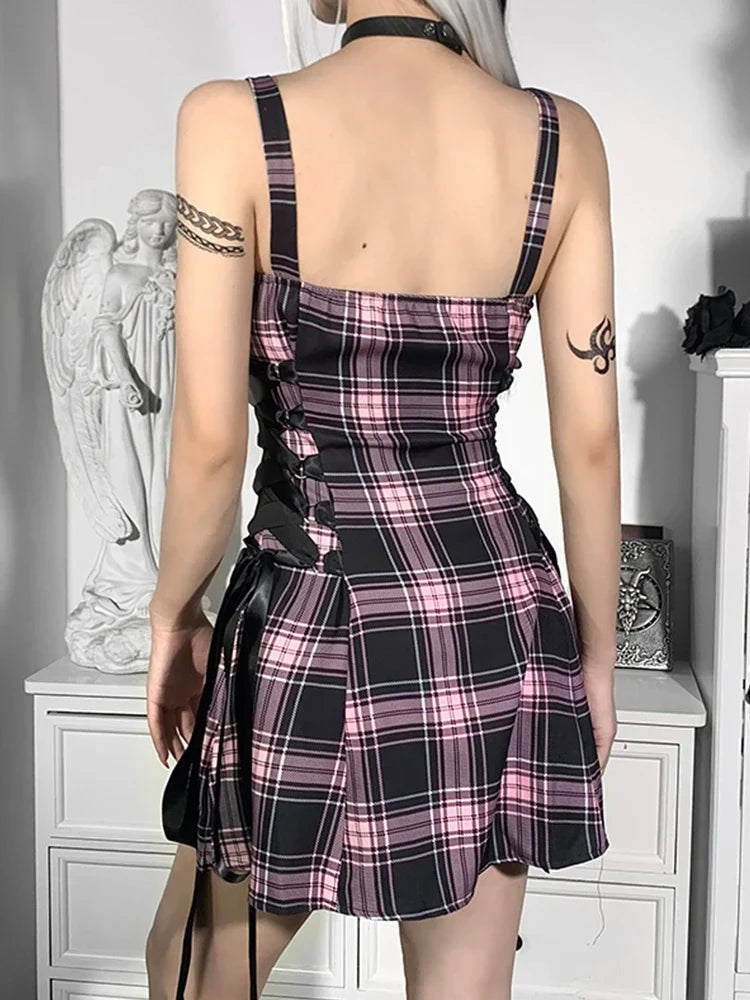 High Emo Mini Zipper Sexy Plaid Party Waist Strap Mall Grunge Goth Spaghetti Aesthetic Punk Frock