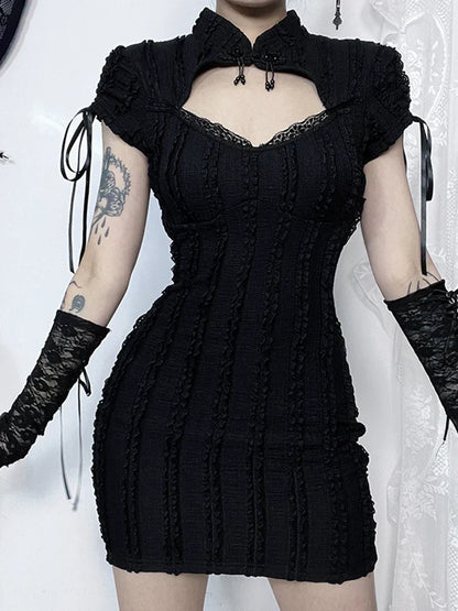 Gothic Out Texture Short Hip Grunge Hollow Knitted Small Sleeve Collar Vertical Gown