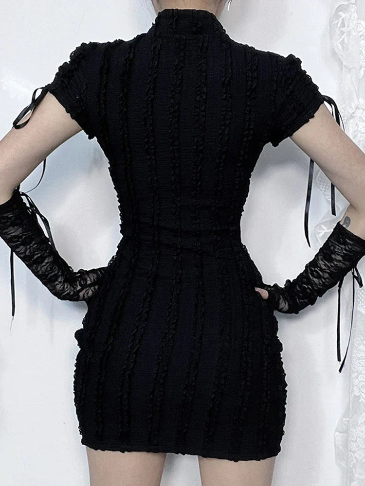 Gothic Knitted Texture Sleeve Vertical Collar Short Hip Out Hollow Vertical Outfit