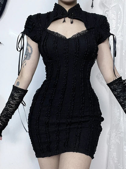 Gothic Knitted Texture Sleeve Vertical Collar Short Hip Out Hollow Vertical Outfit