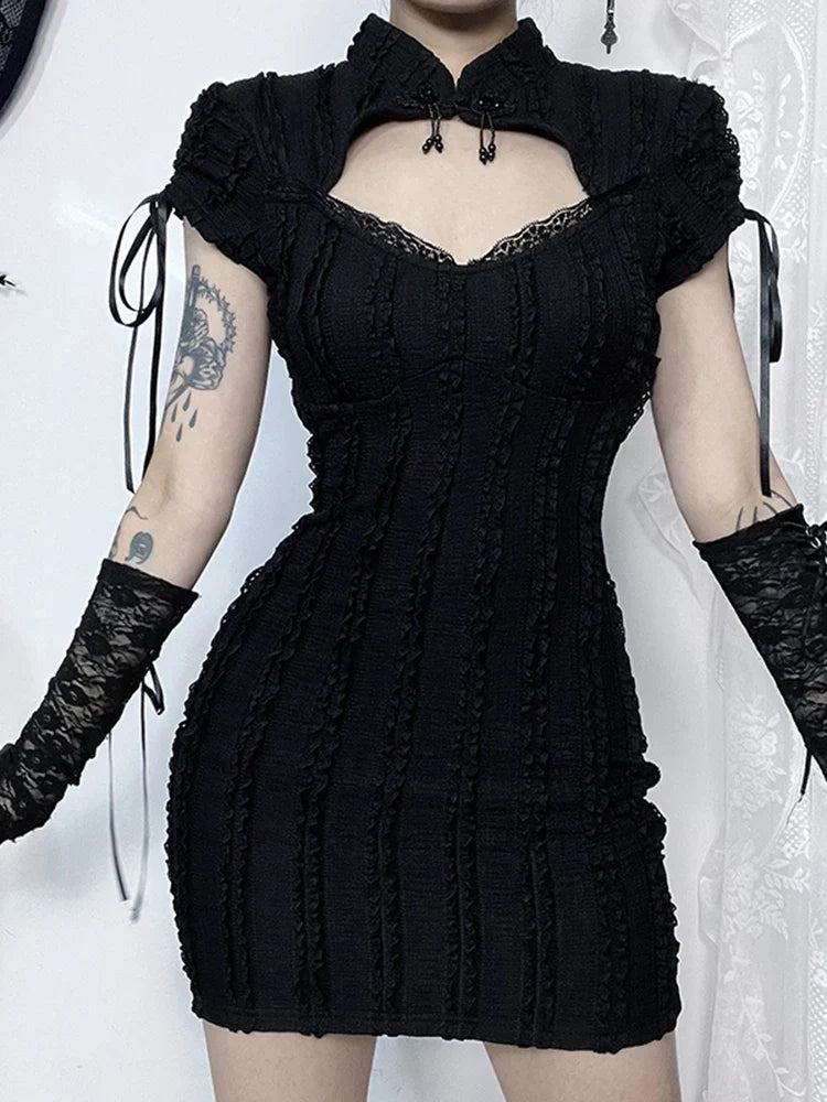 Gothic Knitted Texture Sleeve Vertical Collar Short Hip Out Hollow Vertical Outfit
