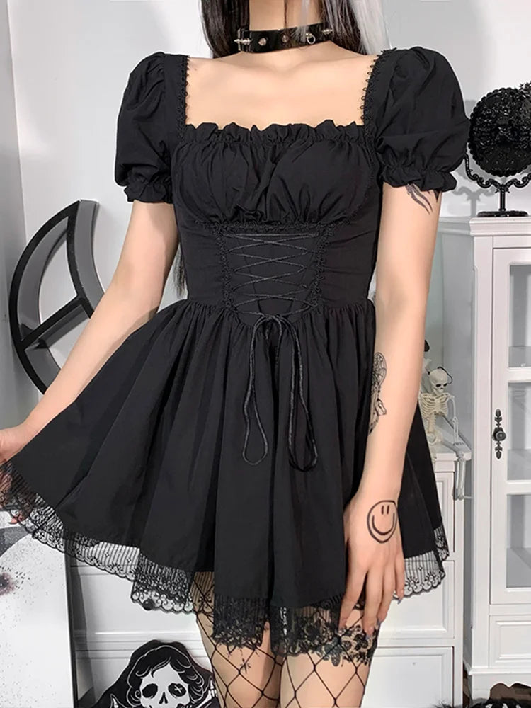 Lolita Corset Sleeve Vintage Mini Puff Aesthetic Waist Goth Black High Trim Lace Bandage Gown