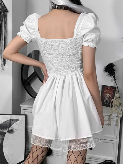 Lolita Corset Sleeve Vintage Mini Puff Aesthetic Waist Goth Black High Trim Lace Bandage Gown