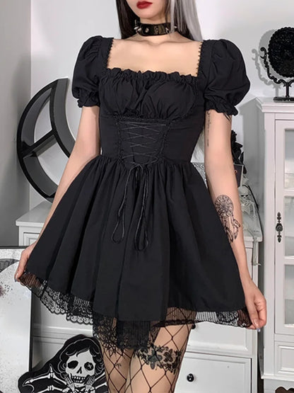 Lolita Corset Sleeve Vintage Mini Puff Aesthetic Waist Goth Black High Trim Lace Bandage Gown
