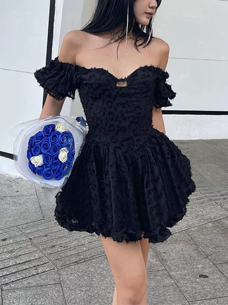 Lolita Aesthetic Corset Summer Ball V-neck Vintage Black Goth High Sleeve Gown Mini Puff Waist Outfit