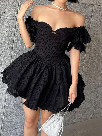 Lolita Aesthetic Corset Summer Ball V-neck Vintage Black Goth High Sleeve Gown Mini Puff Waist Outfit