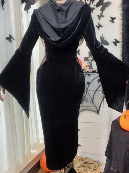 Long Long Slit Hat Sleeve See With Lace Cutout Velvet Gown Suit Party Through Lace-up High Button Gown