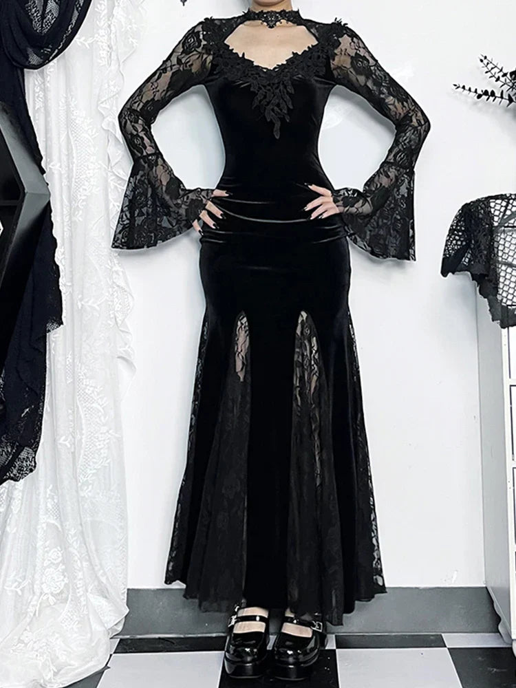 Gothic Ruched Lace Long Fishtail Bodycon Mermaid Maxi Sleeve Cocktail Outfit