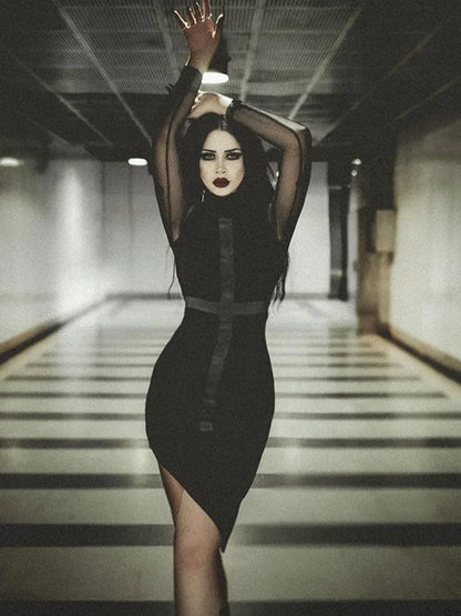 Mesh Club Ruched Hem Sleeve Long Patchwork Midi Party Cross Irregular Evening Bodycon Gown