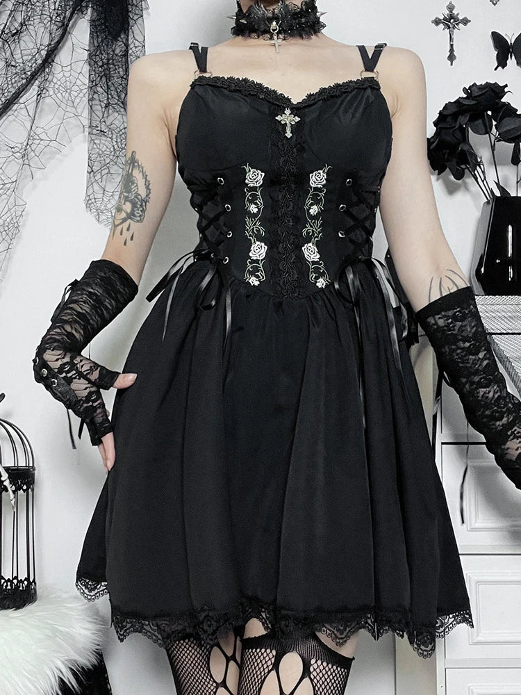 Gothic Waist Party V Neck Y2K Lace Trim Sexy Punk Lace Grunge Black Up High Gown