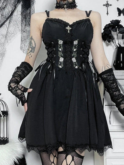 Gothic Waist Party V Neck Y2K Lace Trim Sexy Punk Lace Grunge Black Up High Gown