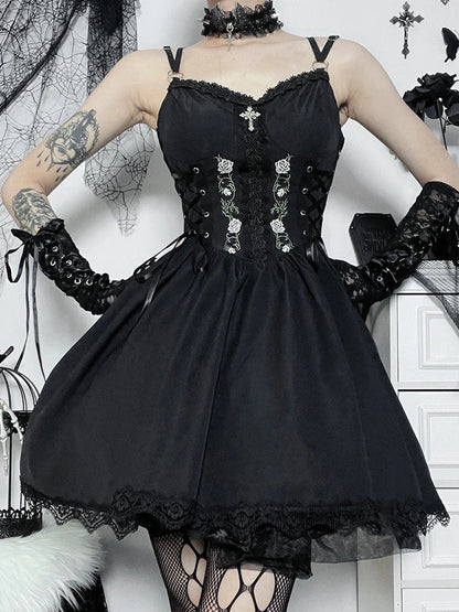 Gothic Waist Party V Neck Y2K Lace Trim Sexy Punk Lace Grunge Black Up High Gown