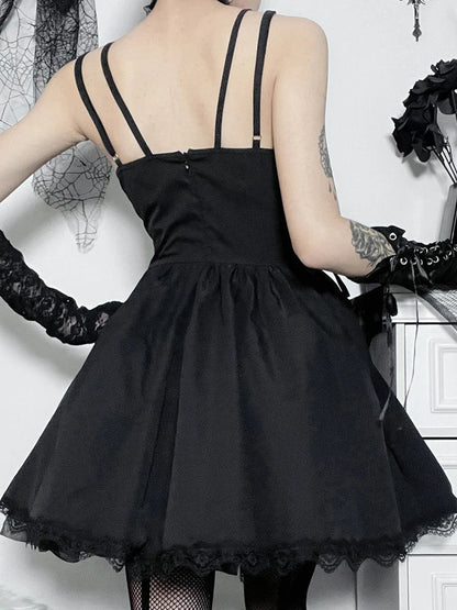 Gothic Waist Party V Neck Y2K Lace Trim Sexy Punk Lace Grunge Black Up High Gown