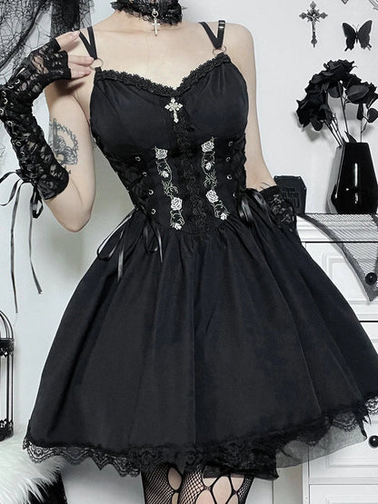 Gothic Waist Party V Neck Y2K Lace Trim Sexy Punk Lace Grunge Black Up High Gown