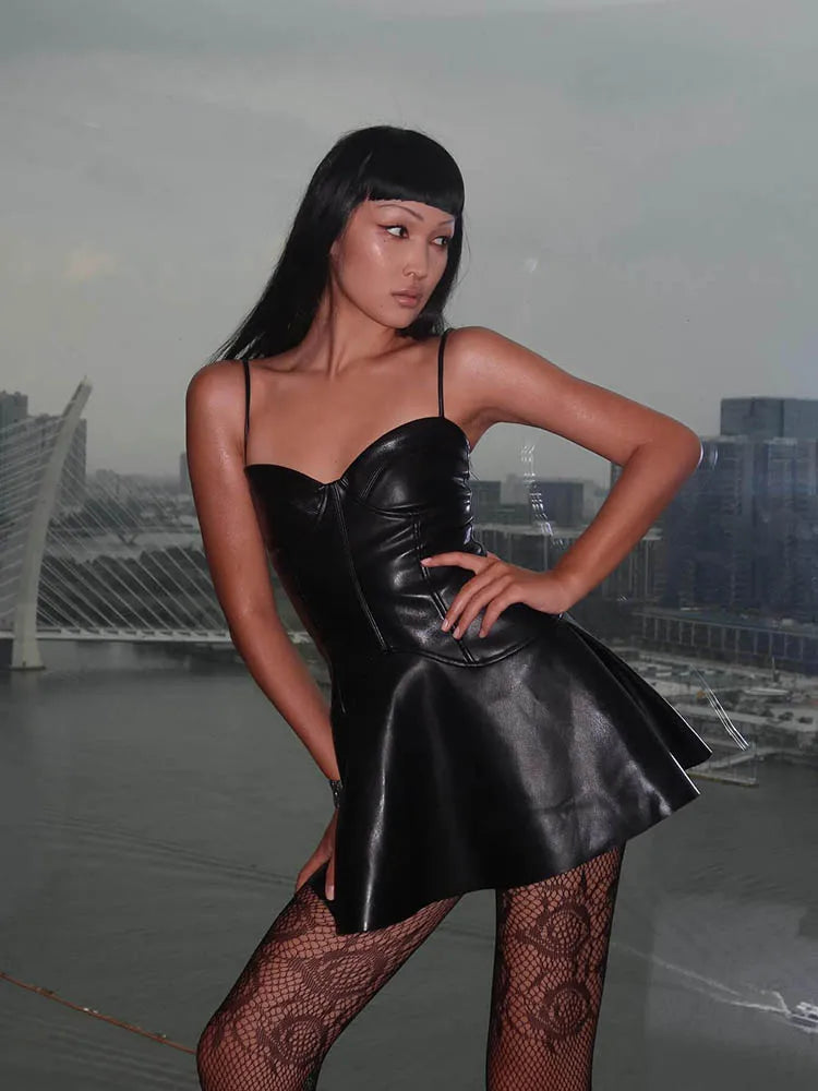 Spaghetti PU Sexy Sweetheart A-Line Strap Neckline Faux Mini Backless Leather Outfit