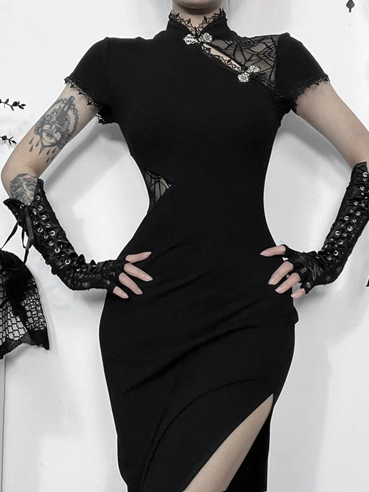 Slim Gothic Spliced Cheongsam Vintage Lace Bodycon Patchwork Side Slit Dress