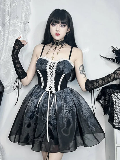 Gothic A Kawaii Corset Vintage Mini Spliced Sexy Printed Line Suspender Gown