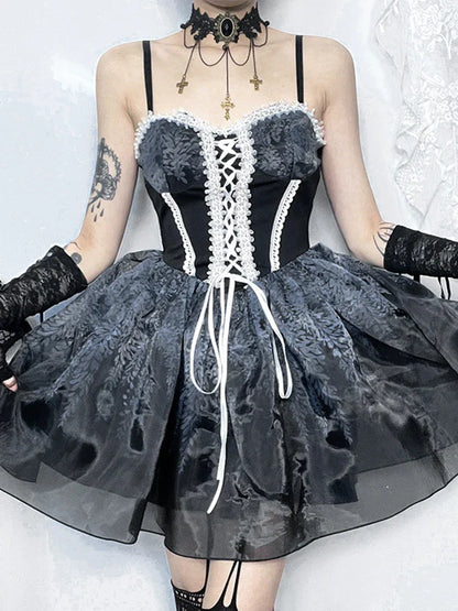Gothic A Kawaii Corset Vintage Mini Spliced Sexy Printed Line Suspender Gown