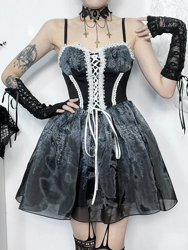 Gothic A Kawaii Corset Vintage Mini Spliced Sexy Printed Line Suspender Gown