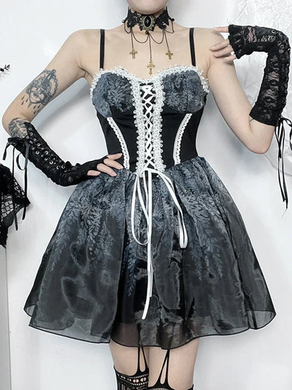 Gothic A Kawaii Corset Vintage Mini Spliced Sexy Printed Line Suspender Gown