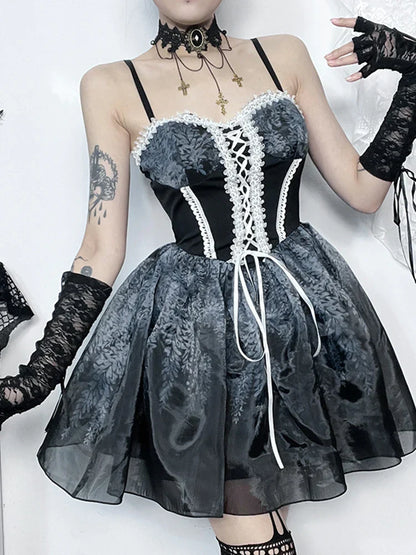Gothic A Kawaii Corset Vintage Mini Spliced Sexy Printed Line Suspender Gown