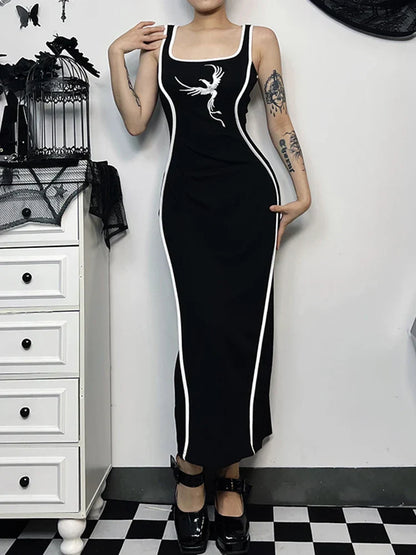 Gothic Embroidery Tank White Neck High Waist Square Sexy Sleeveless Bodycon Gown