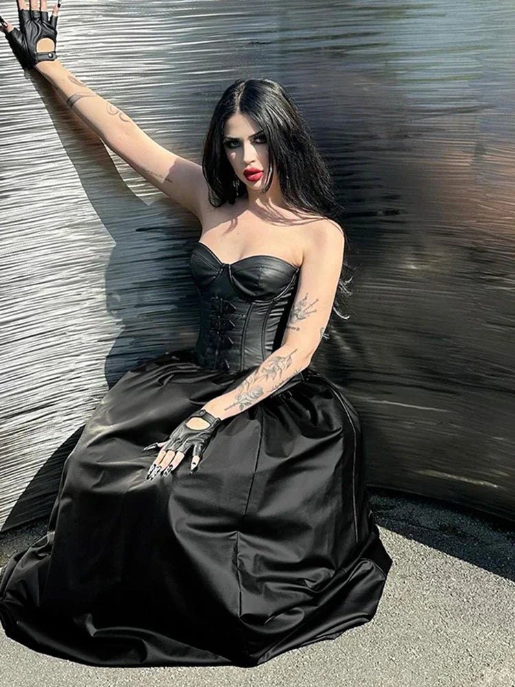 Tube Top Leather Buckle Vintage Backless Strapless Harajuku E-Girls 90s Streetwear Sexy Club Dress