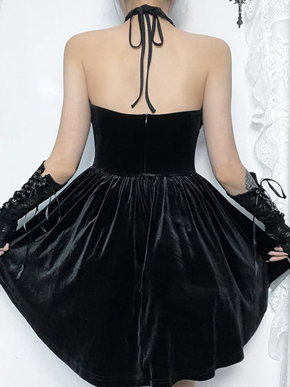 Gothic Velvet Criss-Cross Halter Vintage Draped Lace Backless A-Line Dress