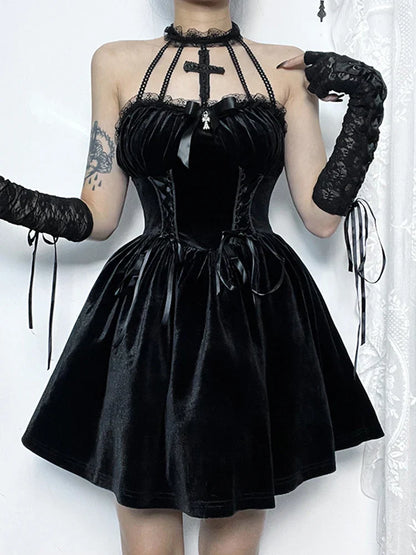 Velvet Vintage Lace Criss-Cross A-Line Backless Halter Bodycon Sleeveless Draped Frock