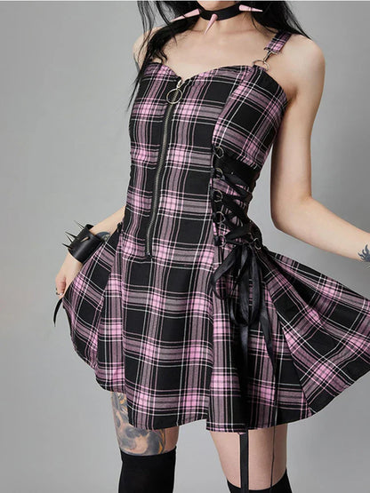Plaid Y2K Harajuku Punk Aesthetic Zipper Bandage Sleeveless Fashion A-Line Vintage Outfit