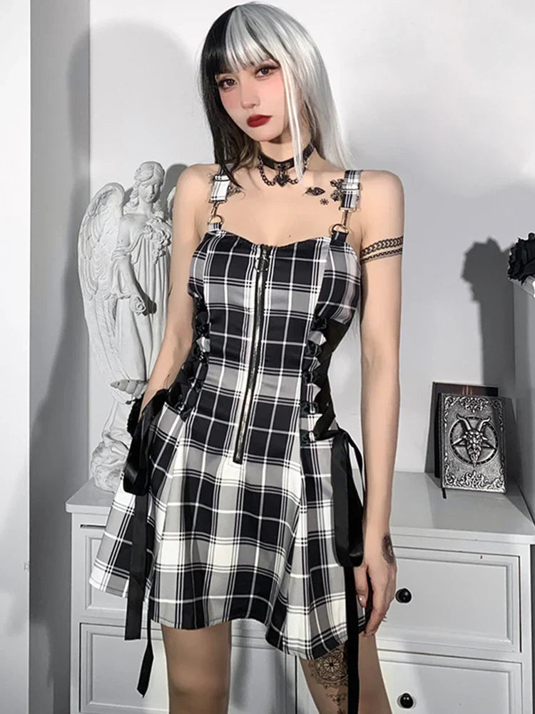 Plaid Y2K Harajuku Punk Aesthetic Zipper Bandage Sleeveless Fashion A-Line Vintage Outfit