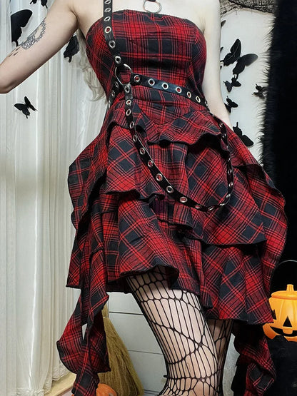 Red Lolita One Strapless Sexy Backless Vintage Shoulder Plaid Irregular Academy Outfit