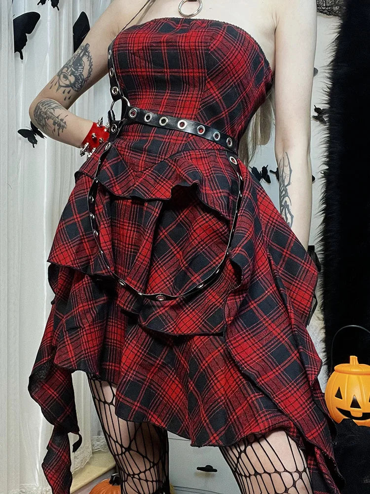 Red Lolita One Strapless Sexy Backless Vintage Shoulder Plaid Irregular Academy Outfit