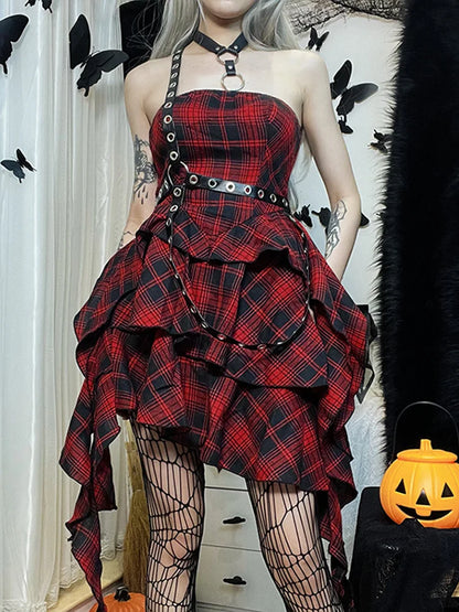 Red Lolita One Strapless Sexy Backless Vintage Shoulder Plaid Irregular Academy Outfit
