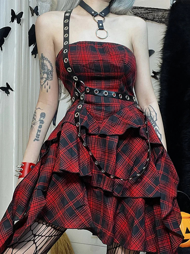 Red Lolita One Strapless Sexy Backless Vintage Shoulder Plaid Irregular Academy Outfit