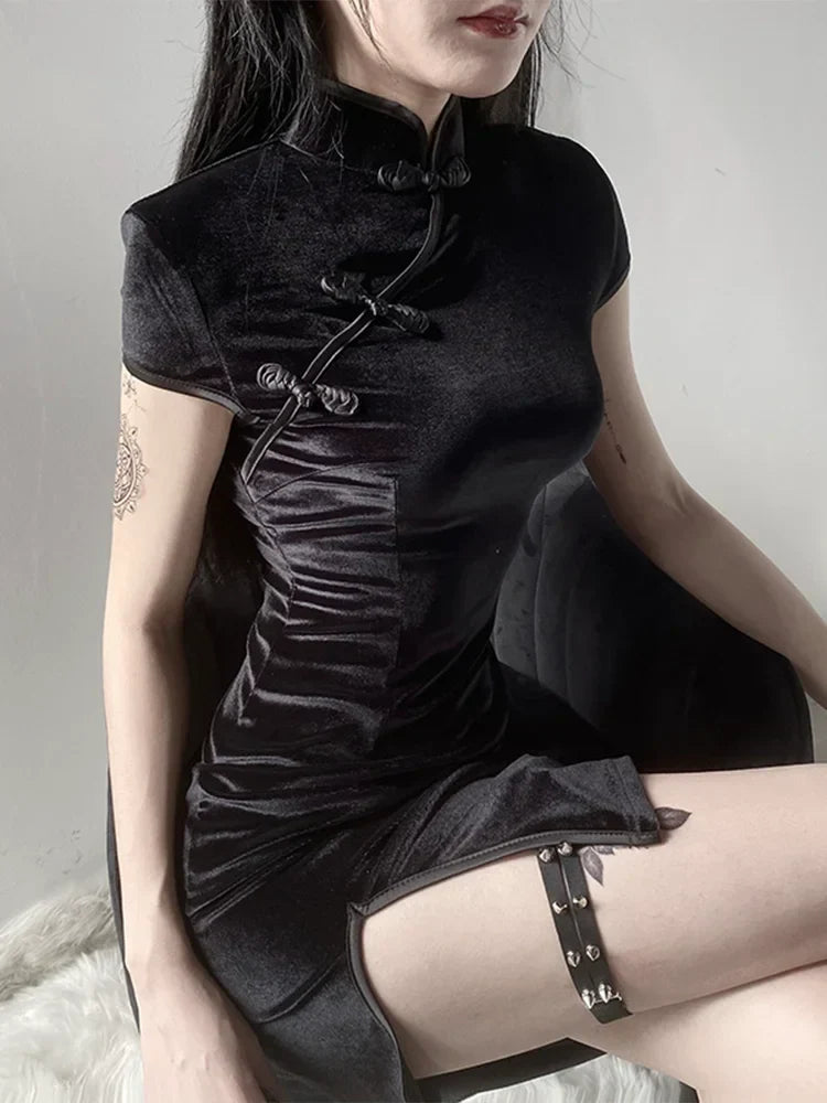 Retro Elegant Solid Button Mini Pink Velvet Black Gothic Bodycon Split Cheongsam Red Gown