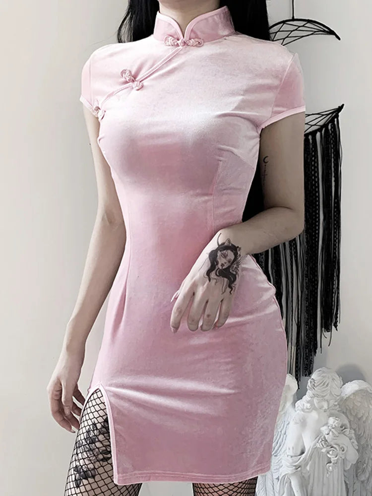 Retro Elegant Solid Button Mini Pink Velvet Black Gothic Bodycon Split Cheongsam Red Gown