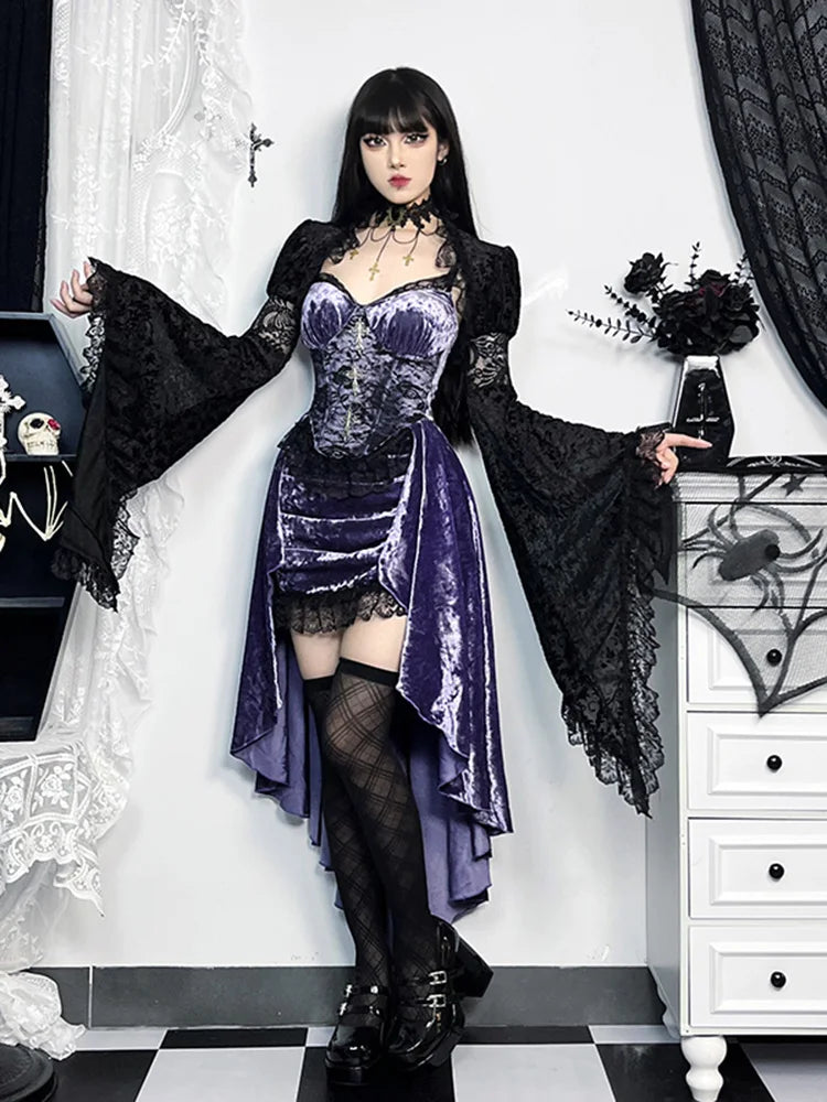 Vintage Steampunk Gothic Floral Lace High Low Spaghetti Strap Corset Dress