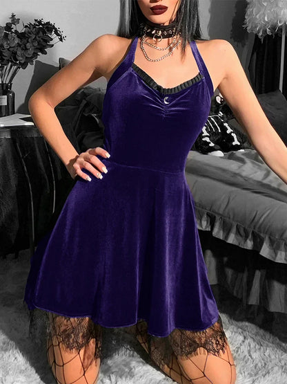 Velvet Halter Backless Patchwork Waist Y2K Sexy High Green Mini Lace Gothic Frock