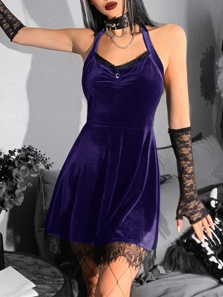 Velvet Halter Backless Patchwork Waist Y2K Sexy High Green Mini Lace Gothic Frock