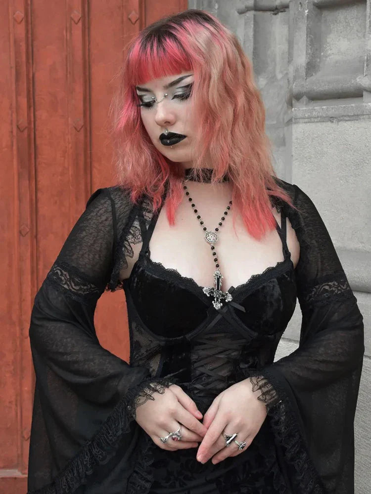 Velvet Print Club Sling Gothic Lace Bandage Midi Street Corset Harajuku Mesh Frock