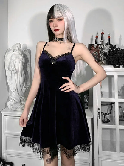Velvet Moon Pendant Backless Spaghetti Lace A-Line Sleeveless Strap Waist-in Corset Trim Colorful Frock