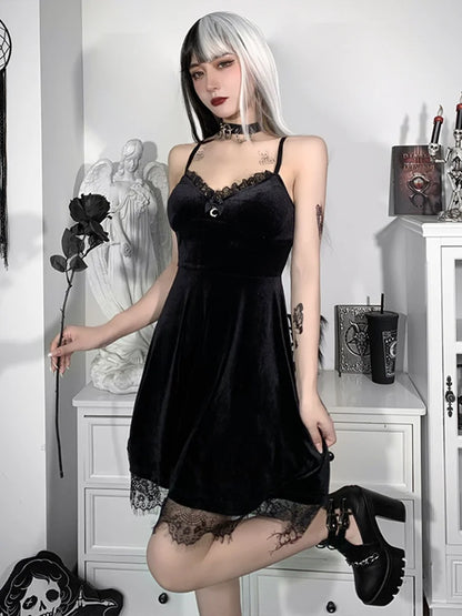 Velvet Moon Pendant Backless Spaghetti Lace A-Line Sleeveless Strap Waist-in Corset Trim Colorful Frock