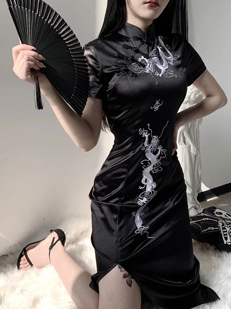 Women's Evening Qipao Side Cheongsam Slit Stand Retro Dragon Embroidery Collar Frock